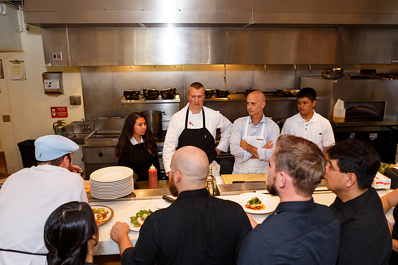 Bay Scholars Britney Guardado and Christian Garcia with Credo Executive Chef Larry Finn and Brian Boitano